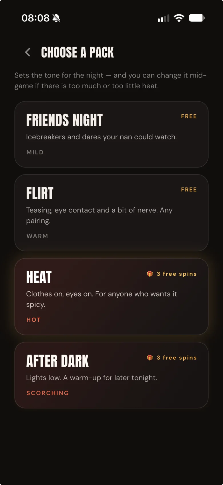 Tuvro pack selection screen